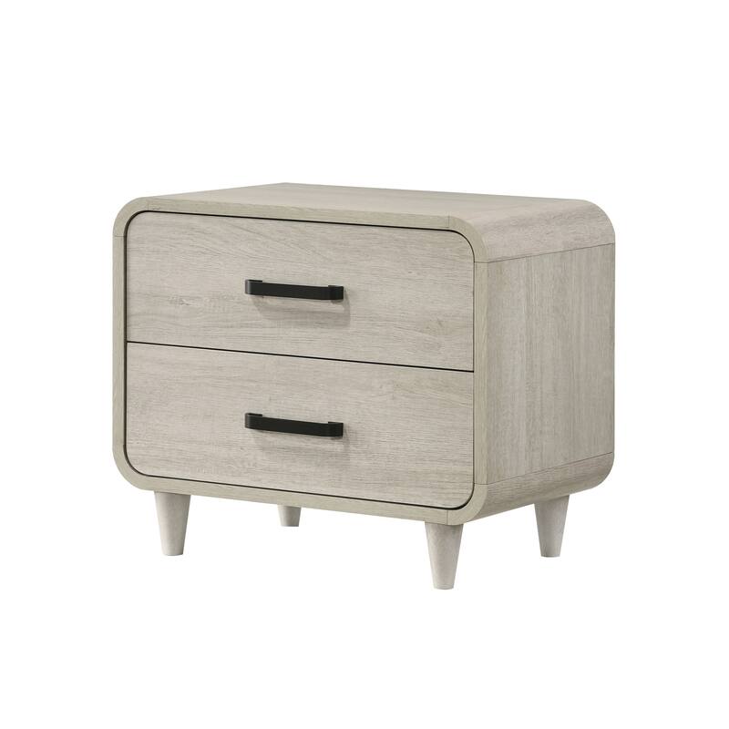 Contemporary White Nightstand with Two Drawers, Unique Design, Solid Wood Construction - White