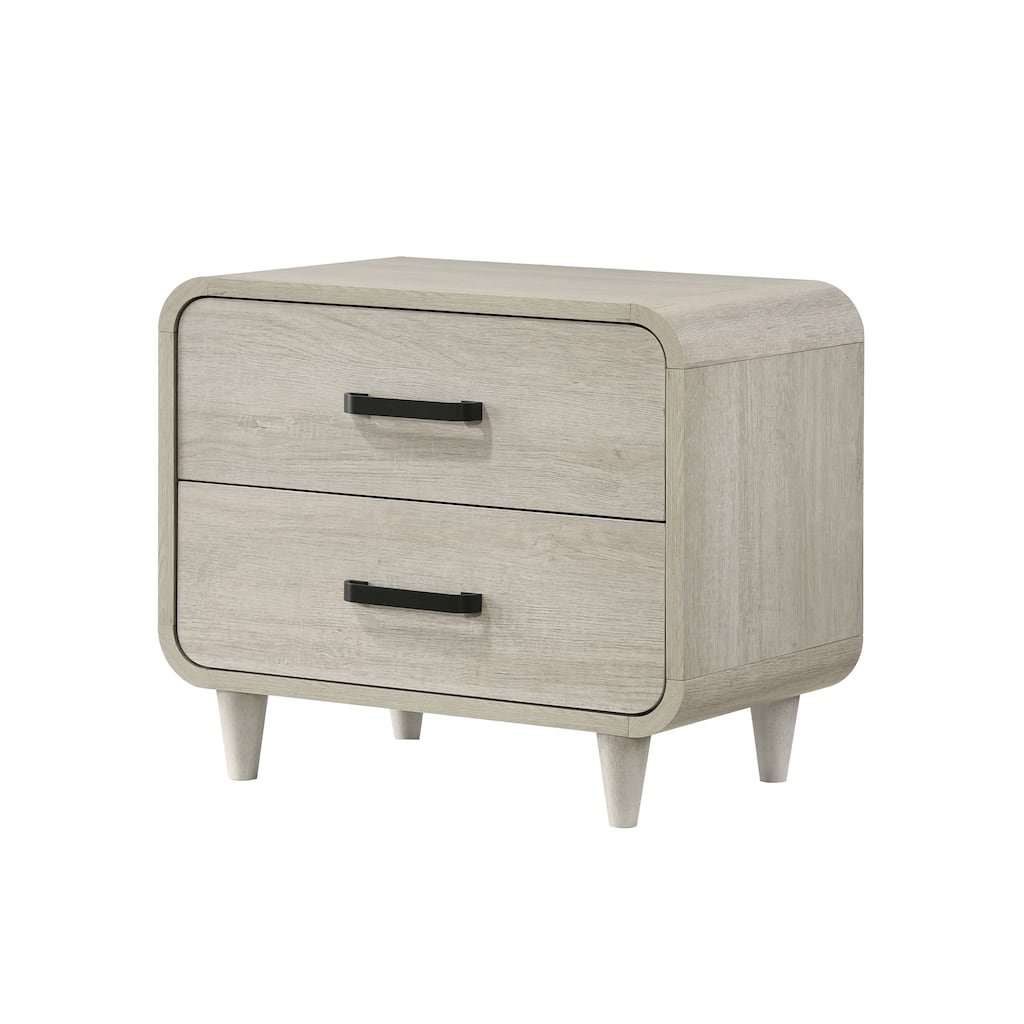 Contemporary White Nightstand with Two Drawers, Unique Design, Solid Wood Construction