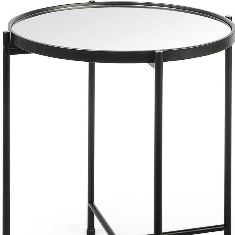 HomeRoots 24" Silver and Black Mirrored Glass and Iron Round End Table - 19.69 in. x 24.21 in. x 19.69 in.