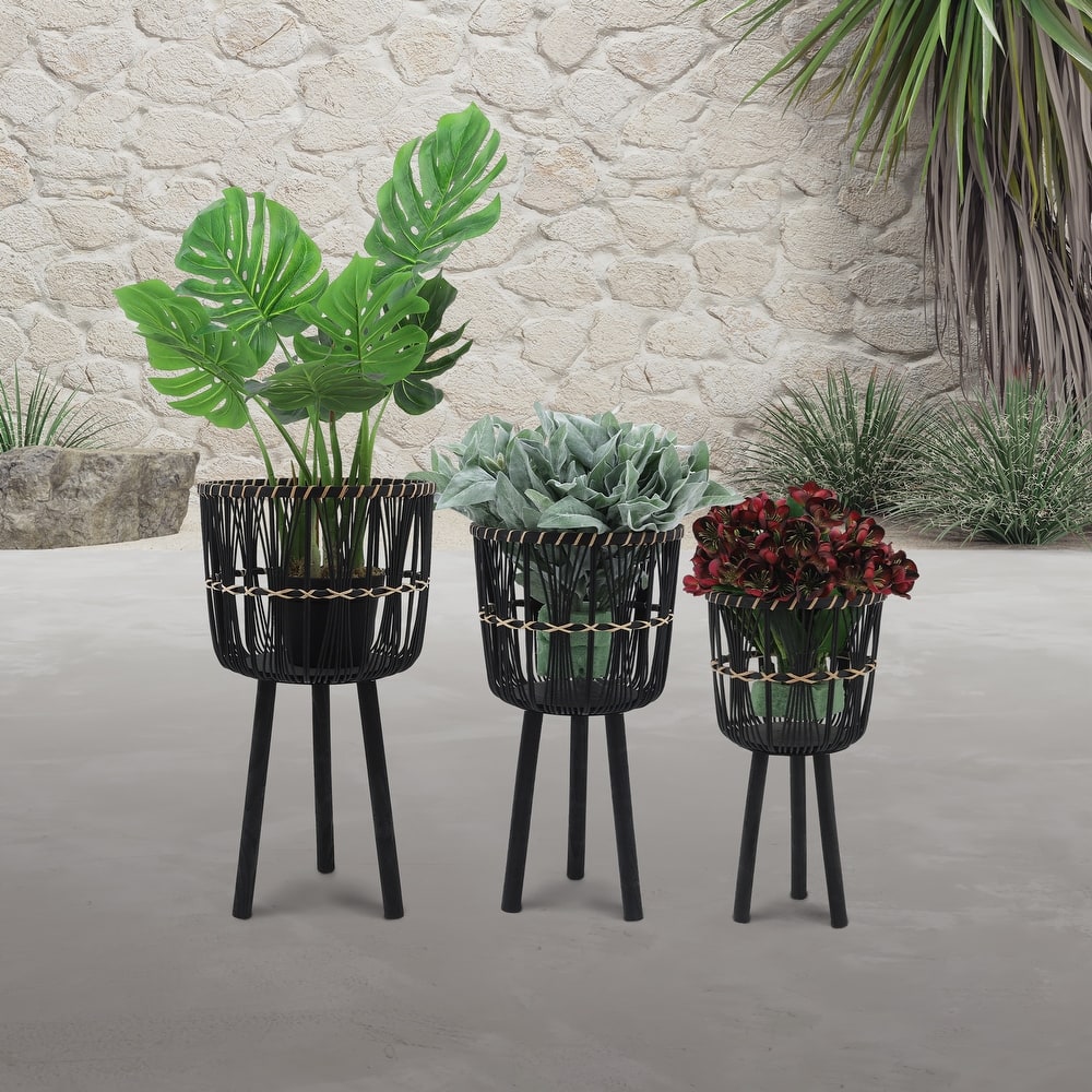 Sagebrook Home Neutral Boho Wicker Planter Stand Set, Versatile Indoor Garden Decor