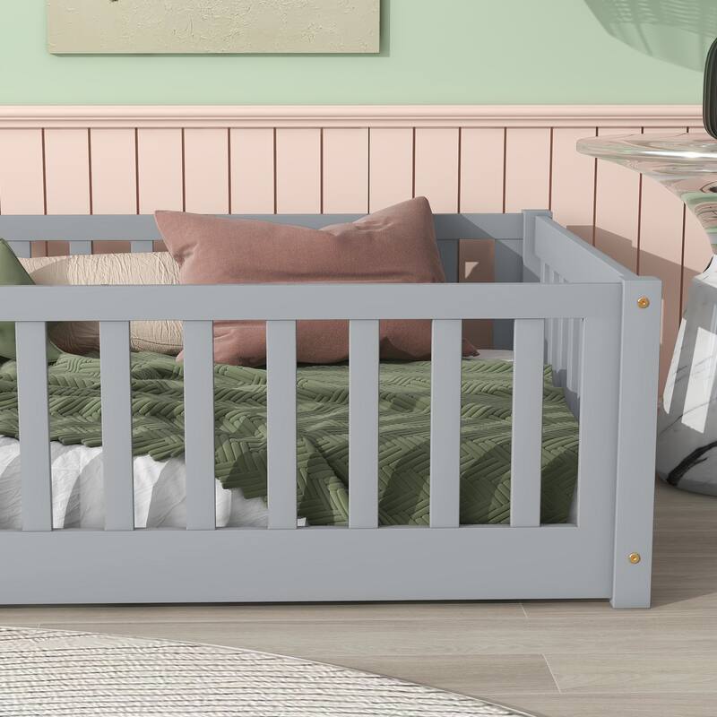Twin Size Rubber Wood Floor Bed - Fence (No Door) & Safety Guardrails