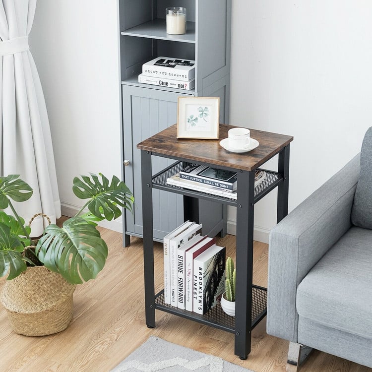 Industrial 3-Tier End Table with Metal Mesh Shelves and Adjustable Feet - 17.5" x 14" x 29.5" - Rustic Brown