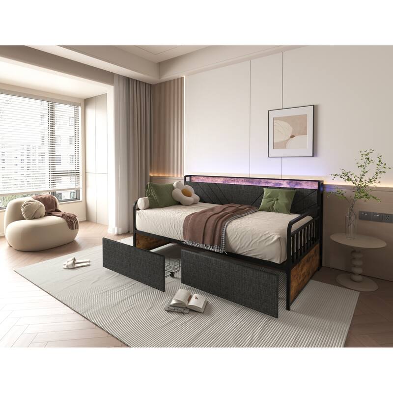 Compact Twin Daybed with Upholstered Headboard, Charging Station, and RGB LED Lighting