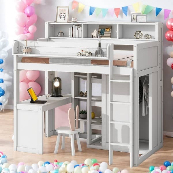 slide 2 of 14, Wood Twin Size Loft bed with Multiple Storage Shelves and Wardrobe, White White