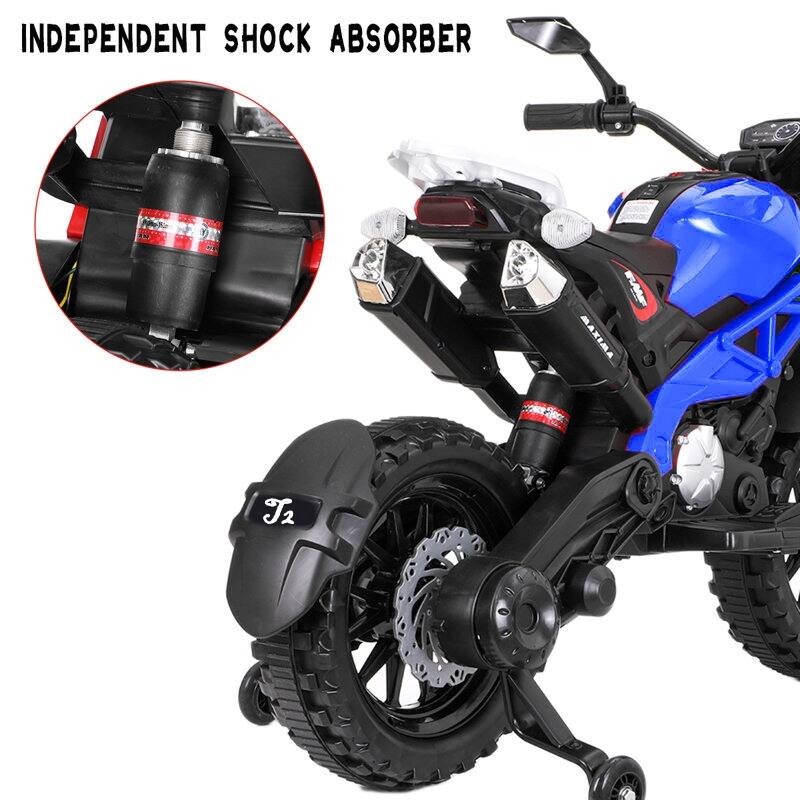 Electric Motorcycle with Built-in Music, 12V Ride On Motorcycle with PU Seat, Blue Exclusive Child Car with Training Wheels
