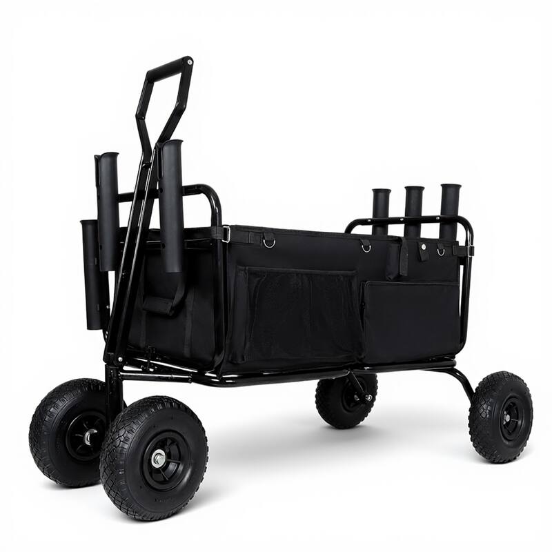 Fishing Cart Beach Cart Collapsible Wagon w/11'' All-Terrain Wheels for Sand, Heavy Duty Garden Cart with Rod Holders