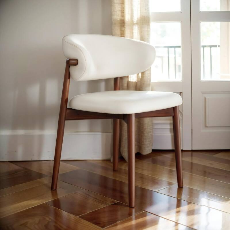 Upholstered Side Chair (Set Of 2) White Leather Armless Dining Chairs With Solid Wood Backrest - Walnut+White