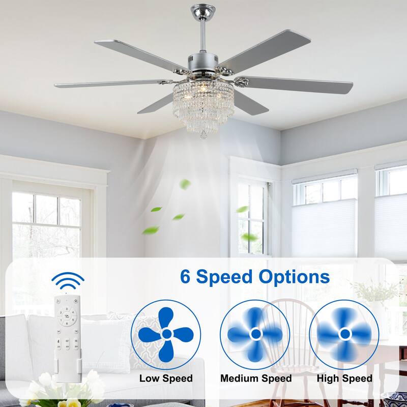 CurveCurio 65" Lagre Ceiling Fan w Crystal Light Shade and Wood Blades, Quiet DC Motor w Remote For Large Room - 65" * 65" * 26"