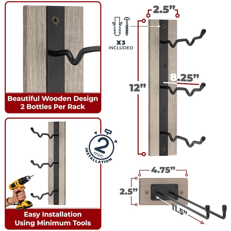 Wine Rack Stemware Wall Mounted (Set of 4) - 12"L x 4.75"W x 2.5"H - Grey