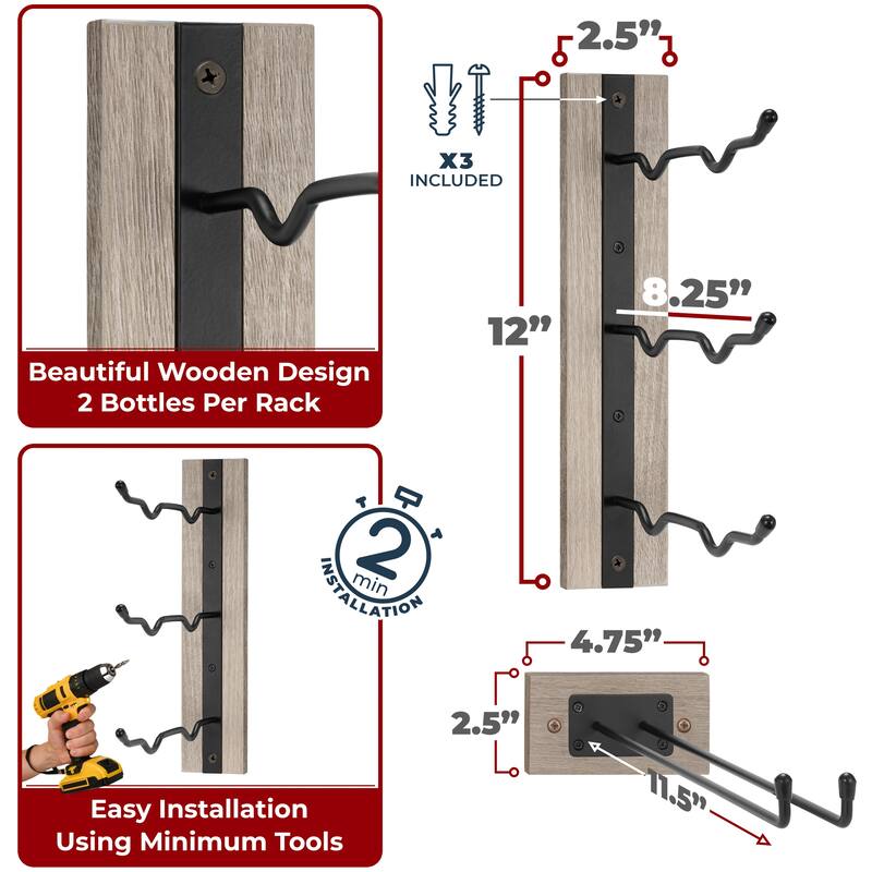Wine Rack and Glass Holder Wall Mounted (6Pc) - 12"L x 4.75"W x 2.5"H