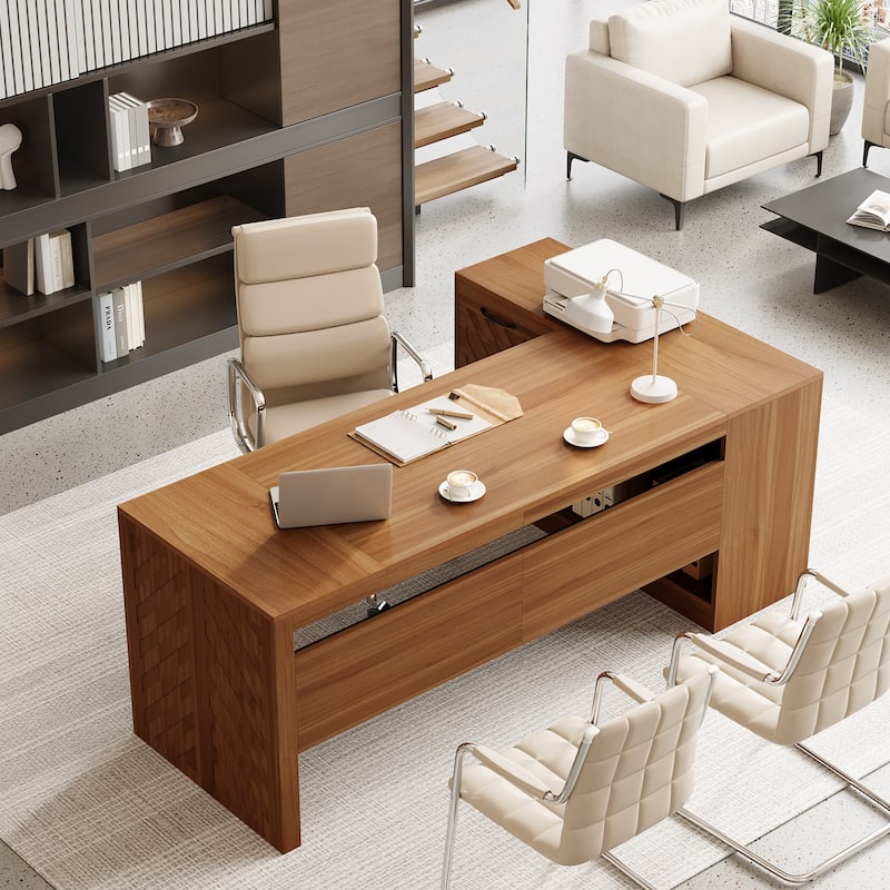 78.7" L-Shaped Executive Desk, Large Home Office Corner Desk with 2 File Drawers & Storage Shelves