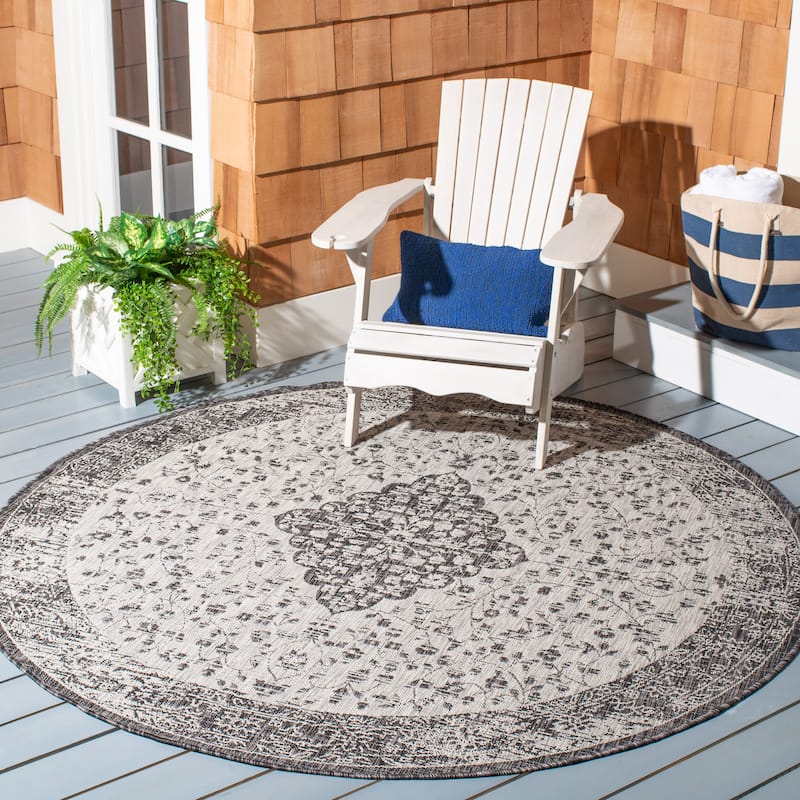 SAFAVIEH Courtyard Boud Indoor/ Outdoor Waterproof Patio Backyard Rug - 6'7" Round - Black/Grey
