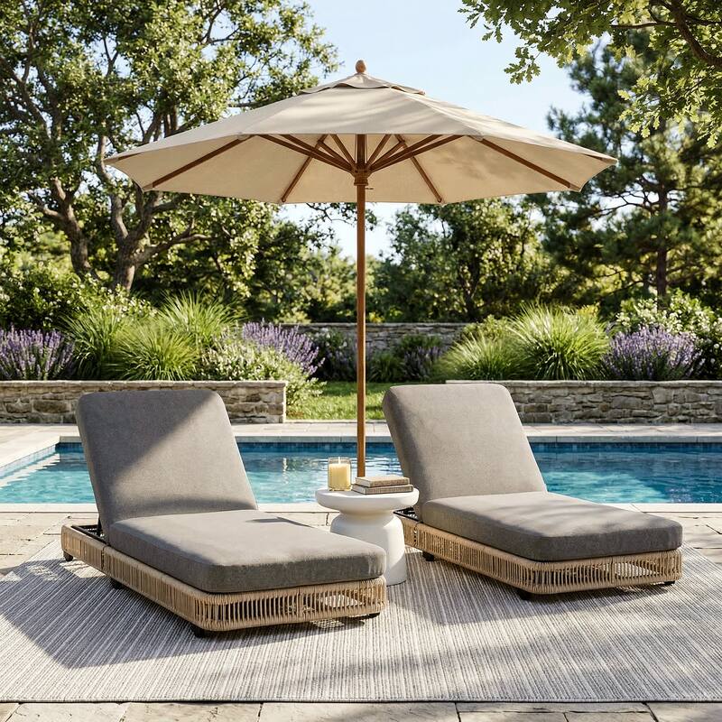 2-Piece Outdoor Chaise Lounge Chair with Adjustable Backrest Patio Pool Lounger - Beige Frame+Grey Cushion