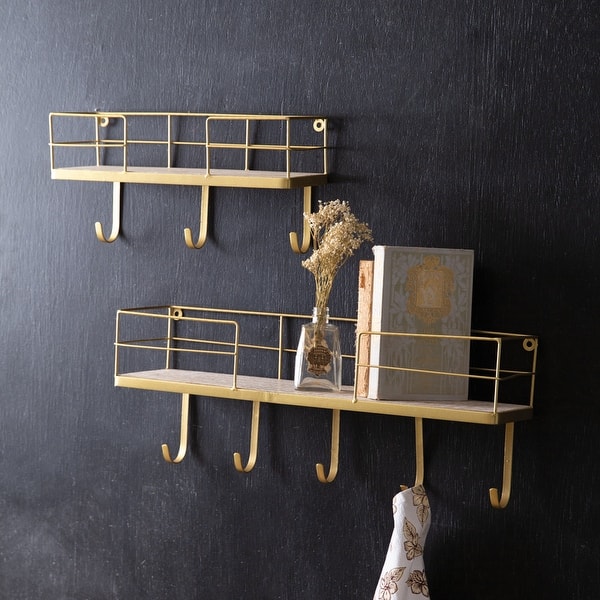 Set of Gold Wall Shelves with Hooks Decorative Metal and Wood