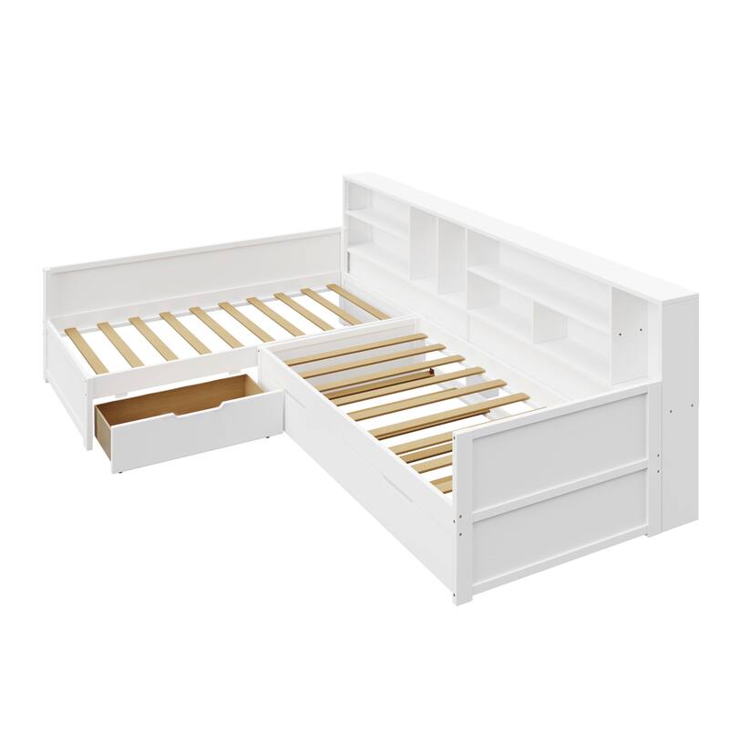 3-in-1 Bookcases Daybed L Shape Corner Sofa Bed Frame Wood Captains Bed with Underbed Trundle and Storage Drawer, Space-Saving