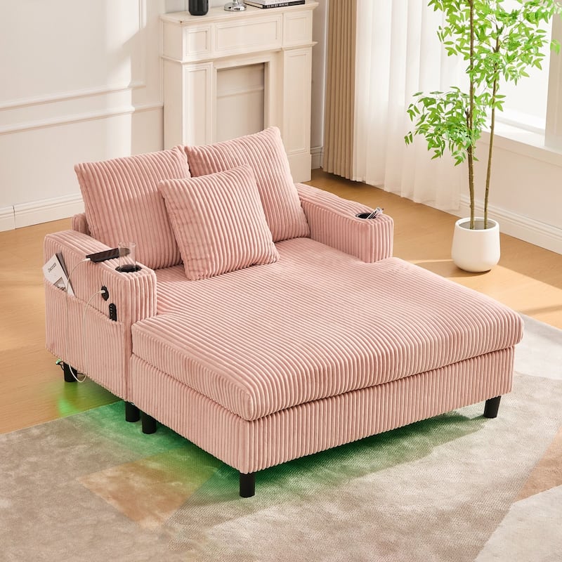 Modern Corduroy Oversized Recliner Sofa with Deep Seat, 3 Pillows, USB Charging, RGB LED Light Strip, Cup Holder, Side Pocket