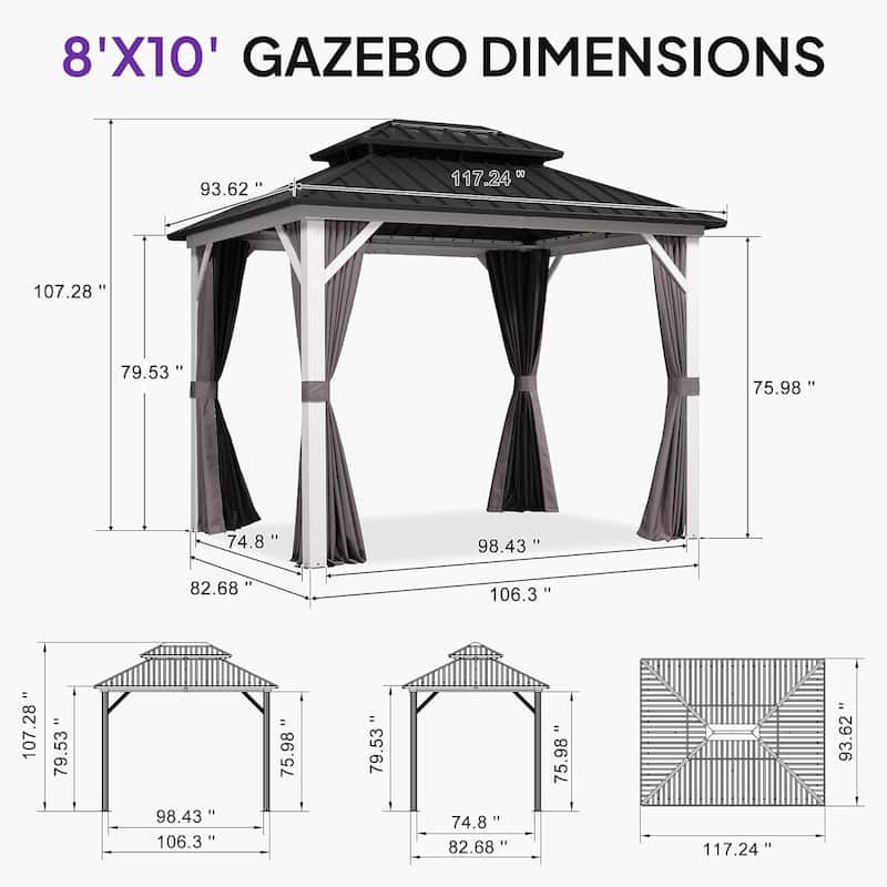 PURPLE LEAF Patio Hardtop Gazebo for Outdoor Grey Galvanized Steel Double Roof White Aluminum Poles