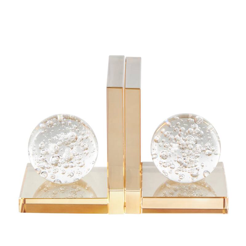 Glass Geometric Bookends with Clear Orbs and Bubble Texturing - Set of 2 Gold - Roche River Decor - 5"W x 4"L x 6"H