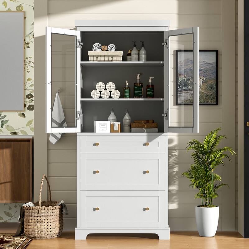70.1" Modern High Freestanding Tall Bathroom Cabinet with 2 Adjustable Shelves, 3 Drawers, Soft Close Glass Doors - White