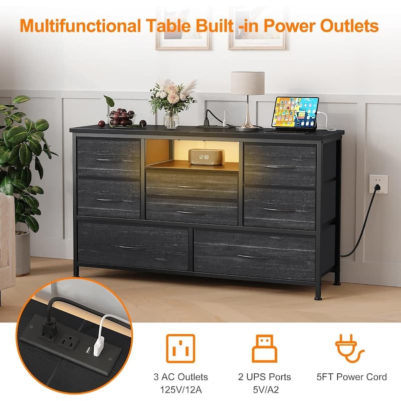 8-Drawer Fabric TV Stand with LED Lights & Built-in Power Outlets