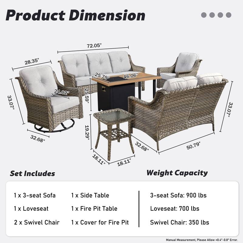 HOOOWOOO 6-piece Wicker Outdoor Conversation Set Swivel Chairs with Fire Pit