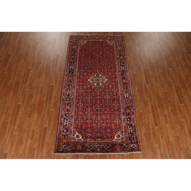 Hand Knotted Oriental 100% Wool Carpet Traditional Geometric Red Hamedan Area Rug - 10' 7'' X 5' 3''