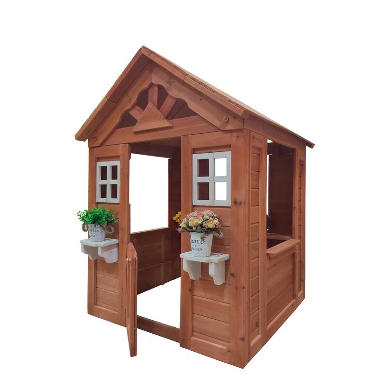 All Wooden Kids Playhouse with 2 windows and flowerpot holder,42"Lx46"Wx55"H,Golden Red