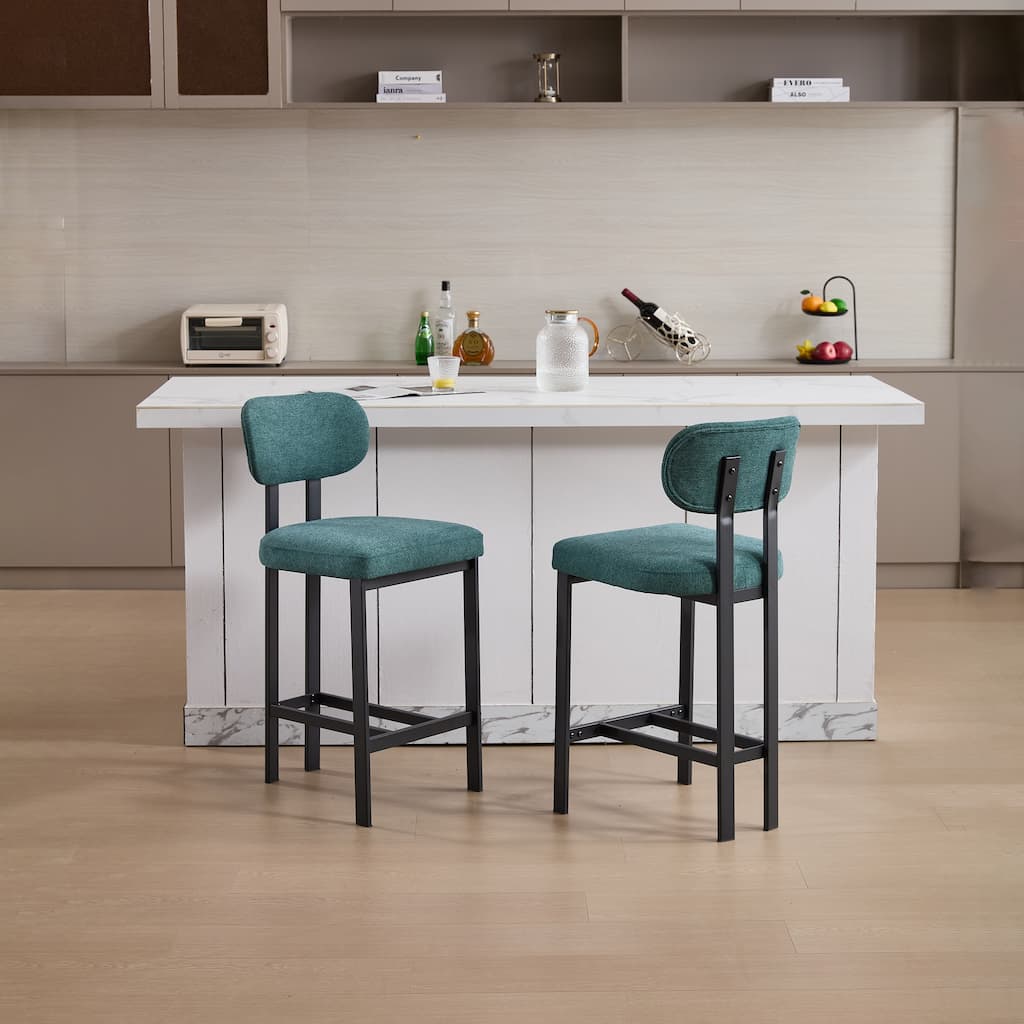 Bar Stools Set of 2, 26 inch Modern Upholstered Fabric Counter Height Barstools, Kitchen Island Chairs with Black Metal Legs