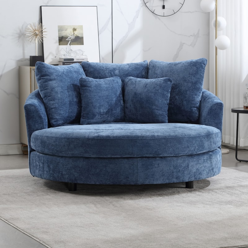 Modern Sofa Chair Round Accent Barrel Chair With 5 Pillows and Storage Ottoman