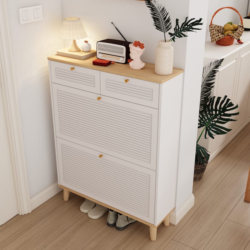 16-Pair Entryway Shoe Cabinet, 2 Flip Doors and Drawers in White