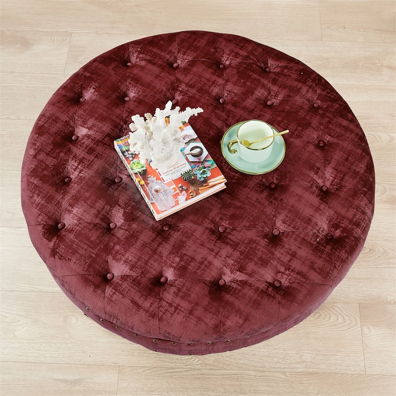 Round Velvet Tufted Coffee Table Ottoman, 34" x 34" x 17" H