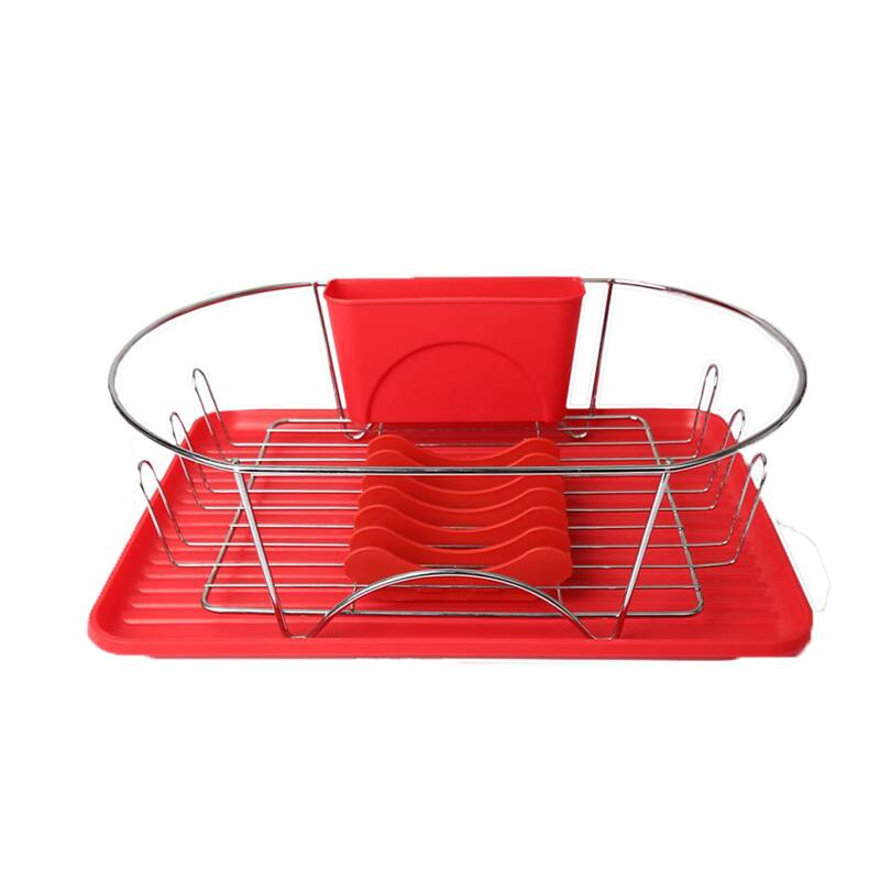 MegaChef Stainless Steal Dish Drying Rack with Drying Mat in Red