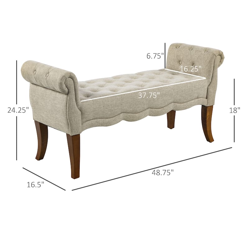 Beige and Brown Upholstered Linen Bench with Button Tufting and Foam Cushion for Entryway - 48.75'' W x 16.5'' D x 24.25'' H