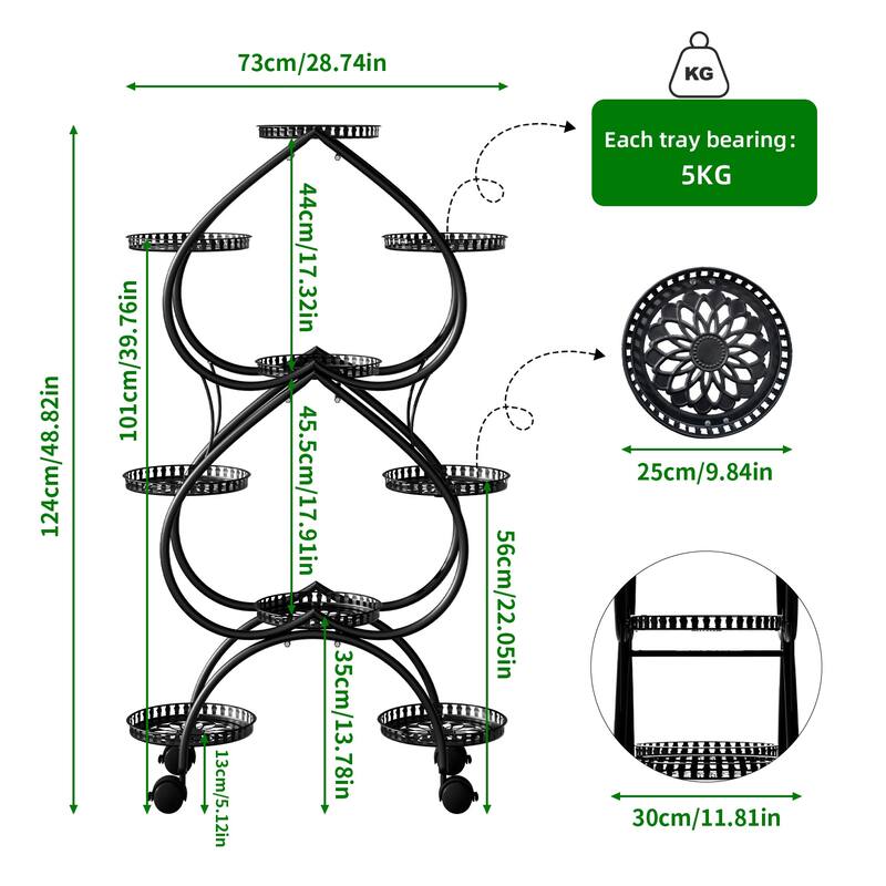 Large Double-heart Black Metal Plant Stand 9-Potted Flower Holder with Mobile Wheels Display Rack - 28.74x11.81x48.82 in