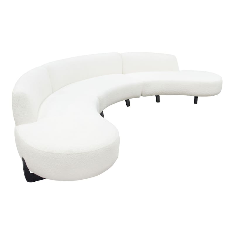 Ikka 3pc Modular Curved Sofa w Chaise, White Faux Shearling, Black Wood