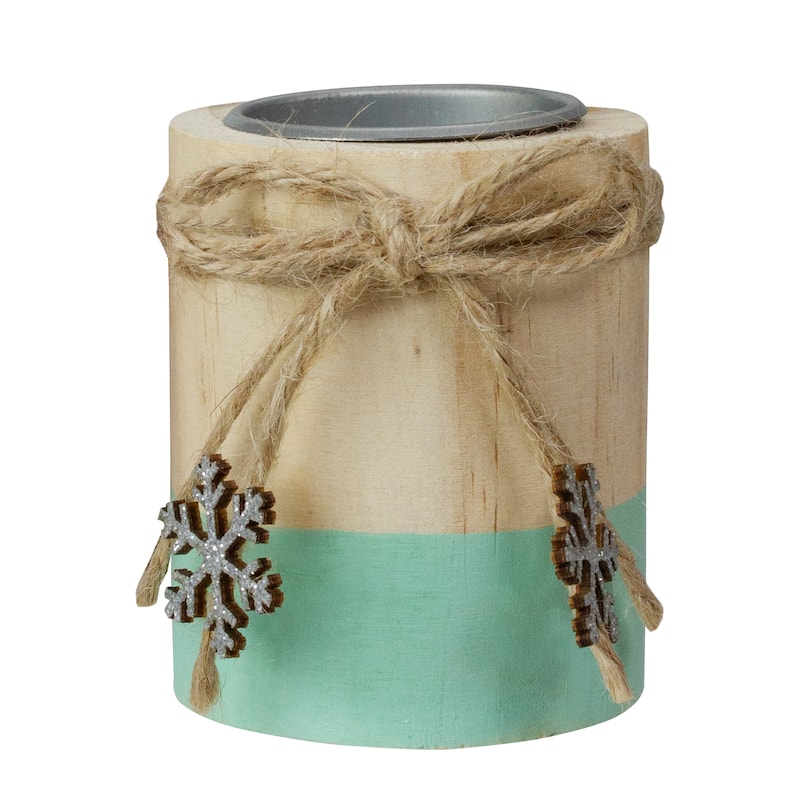3" Green and Natural Wood Christmas Tea Light Candle Holder
