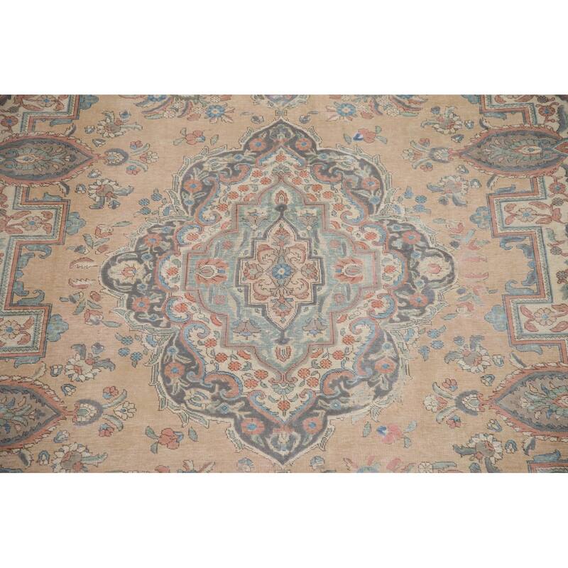 Hand Knotted Oriental 100% Wool Carpet Traditional Medallion Peach Tabriz Area Rug - 12' 8'' X 9' 8''