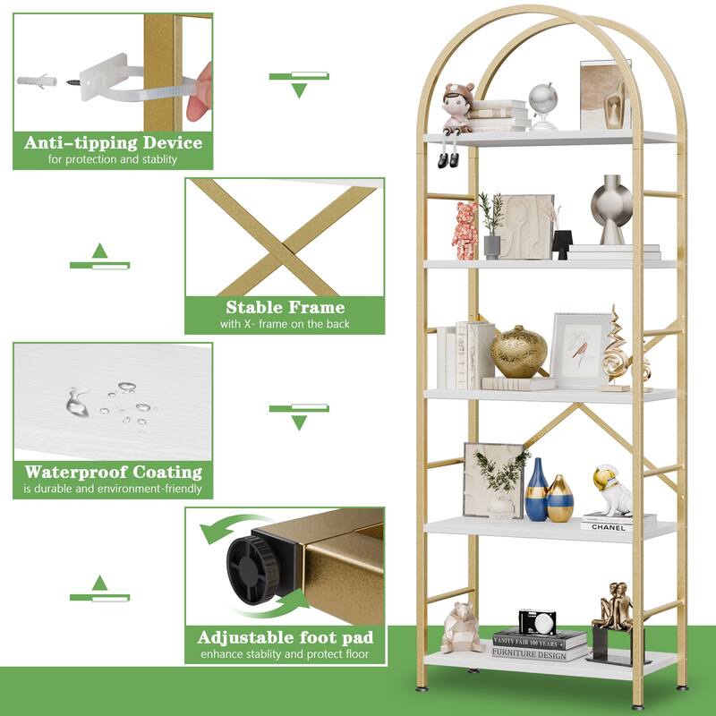 Futzca 5 Tiers Bookshelf Arched, Wooden Bookcase Display Rack