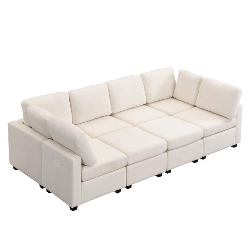 103" U-shaped Sofa Bed with 2 Ottomans, 3 USB, Beige Chenille for Living Room