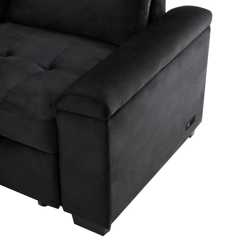 84.75" Velvet L-Shaped Sectional Sofa with Storage Ottoman, USB & Hidden Storage