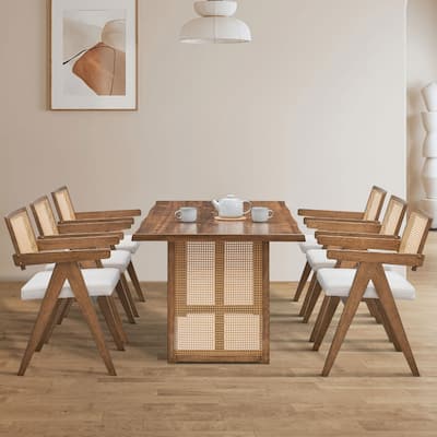 Dining Table with Rattan Weave, Wood Coffee Table Office Table with Sturdy Pedestal Base for 6 Persons