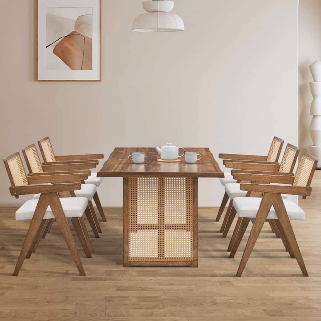 Dining Table with Rattan Weave, Wood Coffee Table Office Table with Sturdy Pedestal Base for 6 Persons
