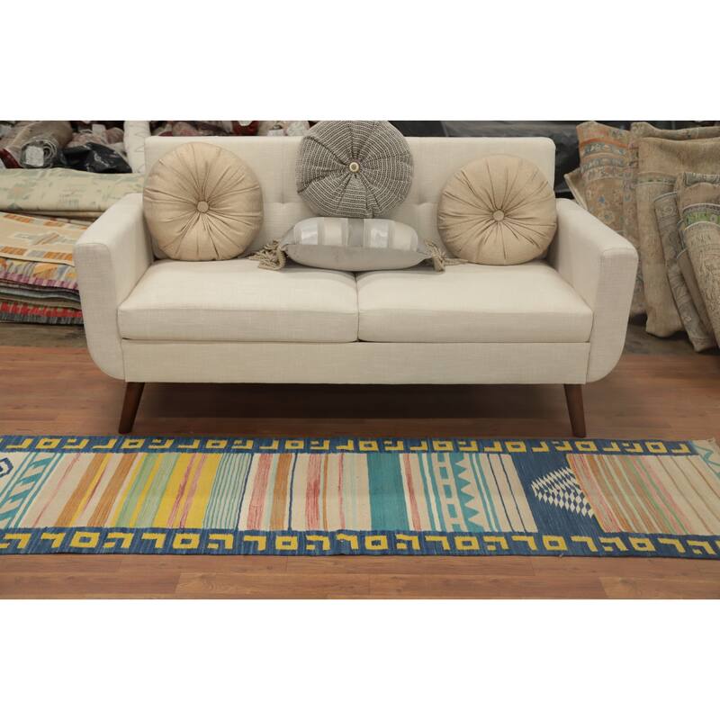 Hand Woven Oriental 100% Wool Carpet Southwestern Tribal Multi-Colored Kilim Runner Rug - 7' 6'' X 2' 1''