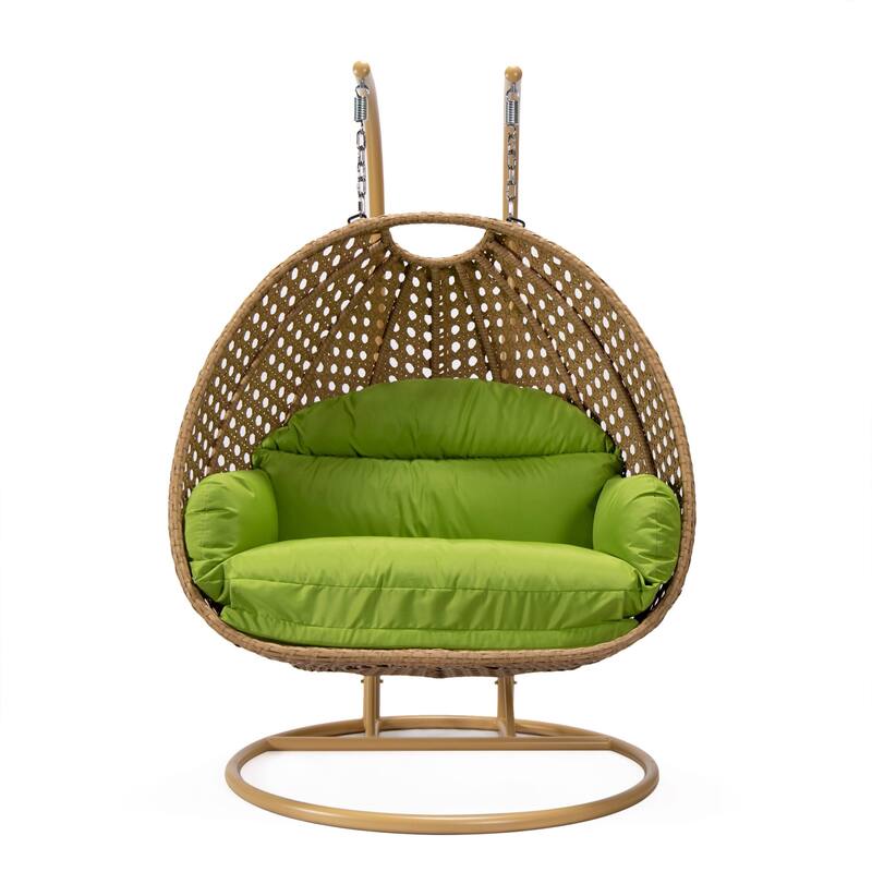 LeisureMod Mendoza 2-Person Hanging Egg Swing Chair - Handcrafted Light Brown Wicker, Patio Hammock Lounger with Cushions - 53"