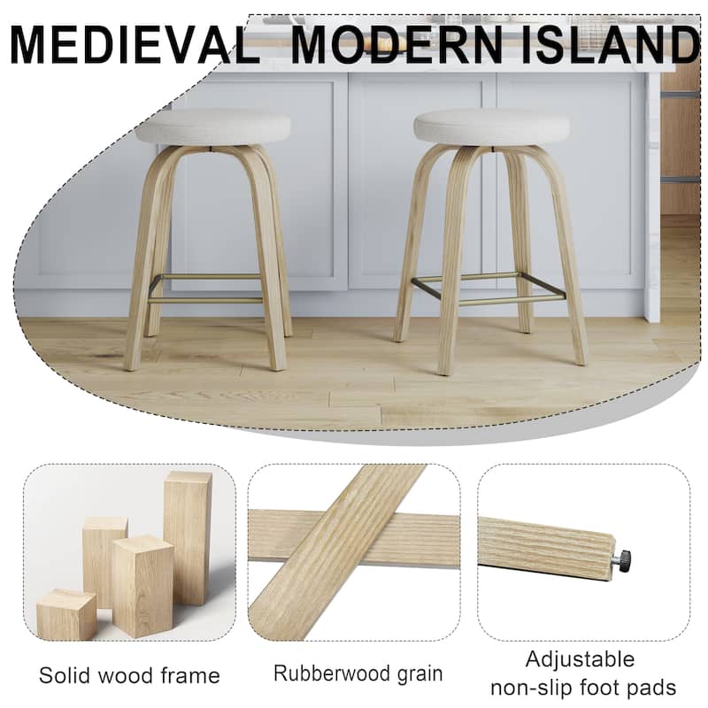 Swivel Bar Stools Set of 2, Counter Height Backless 26″Bar Stool, Fabric Upholstered Seat, Sturdy Wood Legs and Metal Footrest