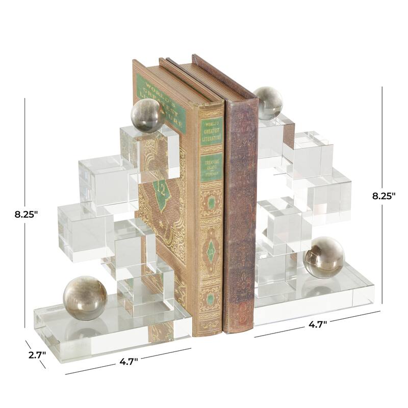 Clear Glass Stacked Squares Decorative Bookends with Silver Orbs (Set of 2)