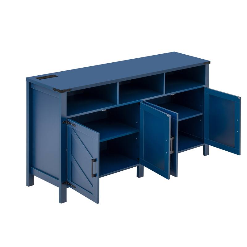 4-Door Wooden Sideboard, Buffet Cabinet with Power Outlets & USB Ports, Storage Cabinet with Adjustable Shelves & Open Shelves