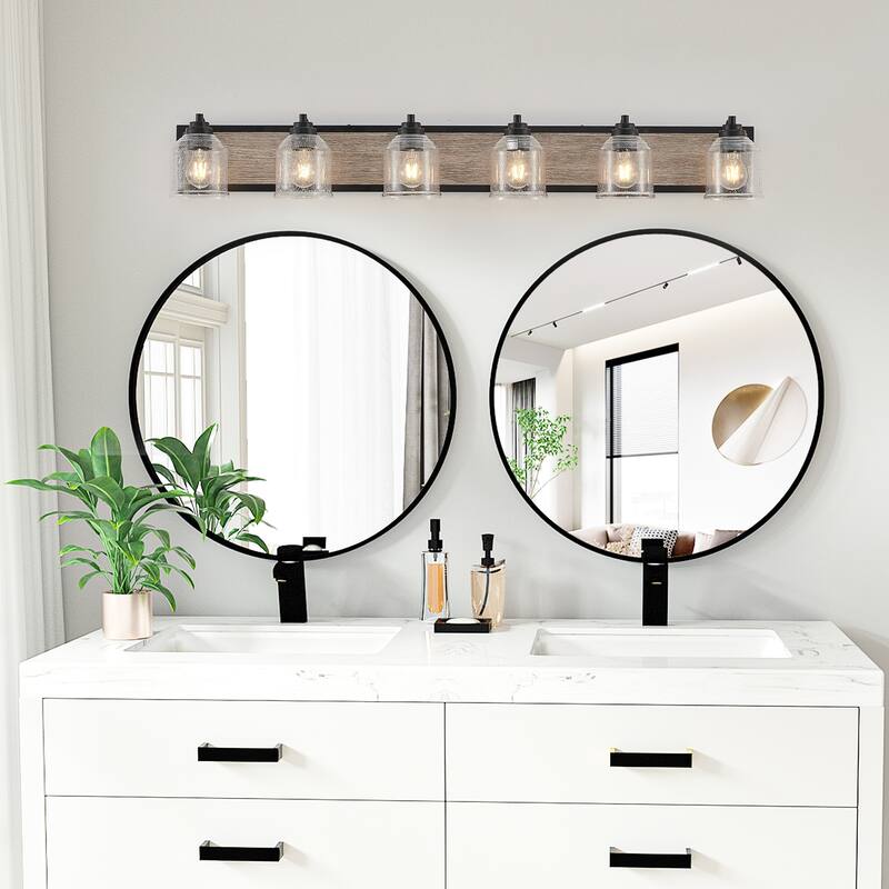 49" Farmhouse Vanity Light Fixture, 6-Light Bathroom Wall Sconce with Clear Seeded Glass Shades, Black and Wood Grain Finish