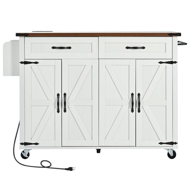 Drop-leaf Kitchen Island on Wheels, Rolling Kitchen Cart with Power Outlet, 4 Door Storage Cabinet, 2 Drawers, for Diningroom