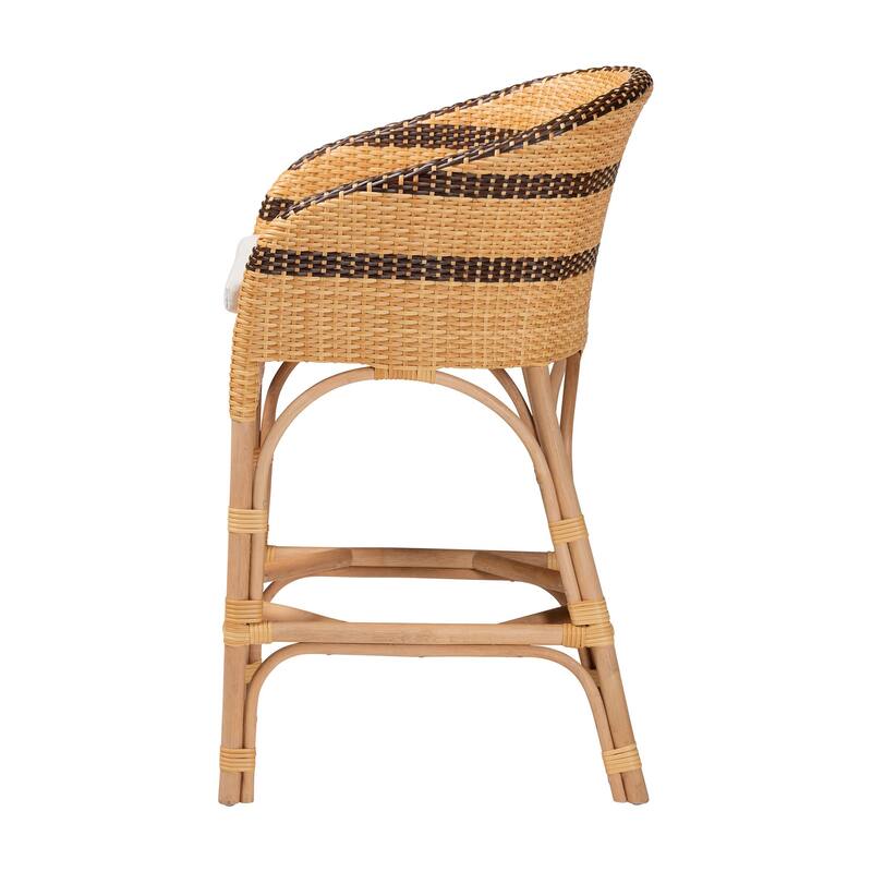 Elma Rattan Counter Stool with Cushion - Barrel-Back Counter Chair with Synthetic and Natural Rattan, Boho Coastal Style
